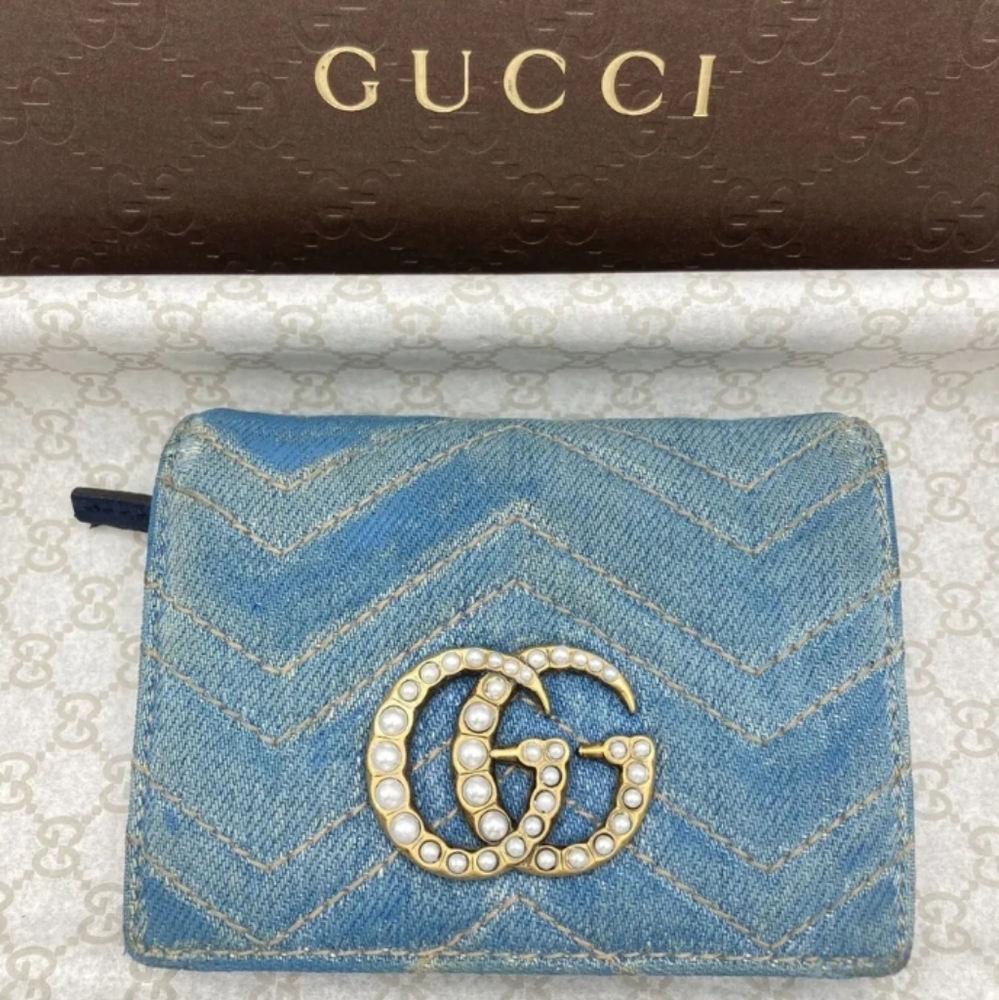 GUCCI small Denim Marmont w/ pearl logo wallet